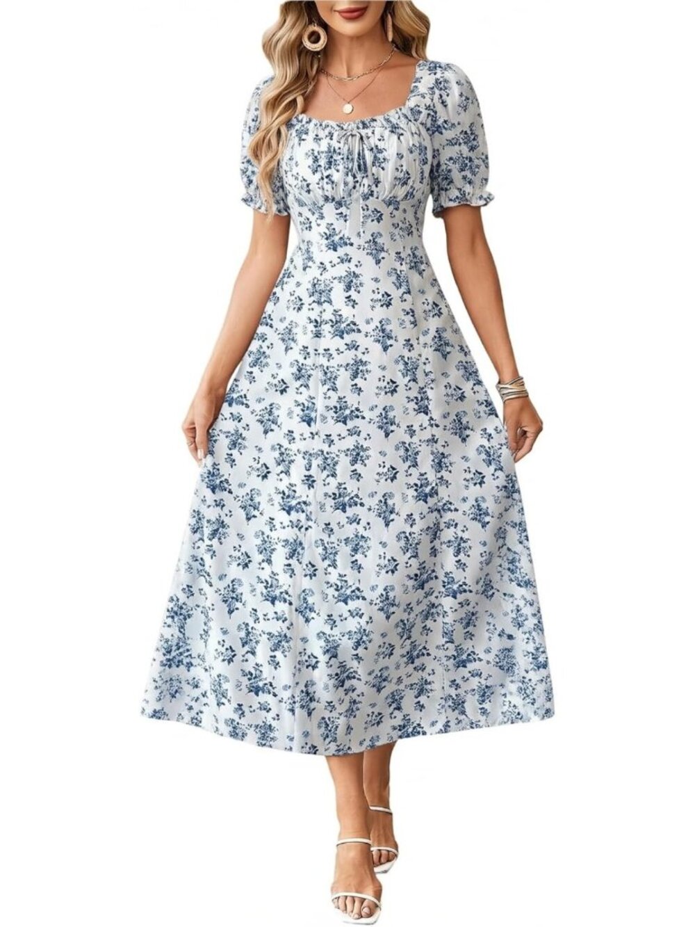 Boho Floral Maxi Dress with Puff Sleeves, Ruched Bust, Flared Summer Wedding